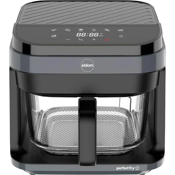 Eldom FR500 Air Fryer, 5.5 L Fritteuse mit herausnehmbarem Glasbehälter und präziser Temperaturregelung bis 200°C, Grau/Schwarz