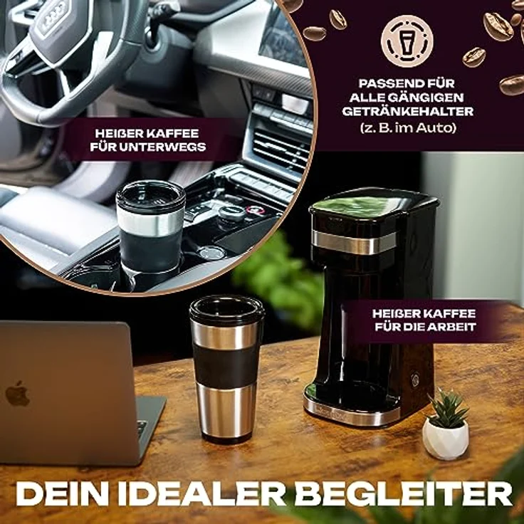 Clatronic 1-Tassen-Kaffeeautomat KA 3733, inkl. doppelwandigem Thermo-Edelstahlbecher, Aromaverschlussdeckel mit Trinköffnung, 400 ml Fassungsvermögen, passend für alle gängigen Getränkehalter – Bild 2