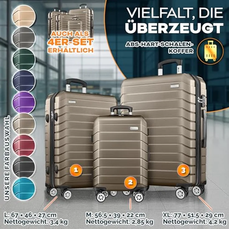 tillvex® Reisekoffer Set 3-TLG. Hartschalenkoffer Set (S-M-L-XL) mit 4 Rollen, TSA Schloss, inklusive Gepäckwaage, 6 Koffergurte & 3 Kofferanhänger - Roségold – Bild 5