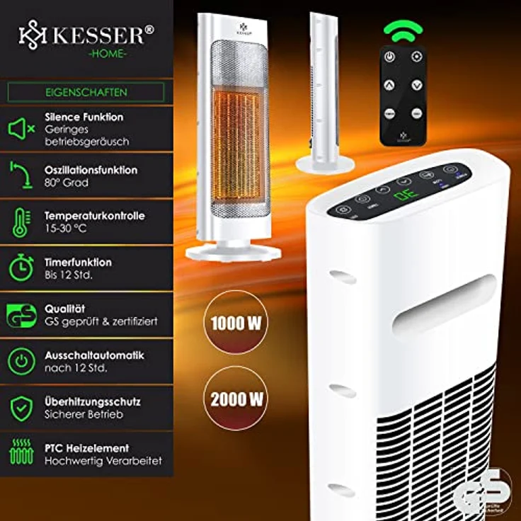 KESSER Heizlüfter mit Fernbedienung energiesparend leise 2000W Keramik Heizstrahler Standheizstrahler 15-30°C - Schnellheizer mit 80° Oszillationsfunktion 24h Timer Heizung Turmheizstrahler Weiß, Heizstrahler – Bild 6