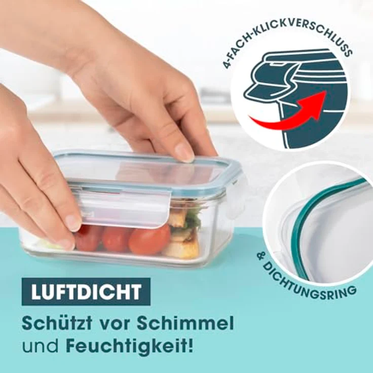 GOURMETmaxx Glas-Frischhaltedosen Klick-it, 900 ml, temperaturbeständig von -20 bis +330 °C, spülmaschinengeeignet, 3er Set – Bild 4
