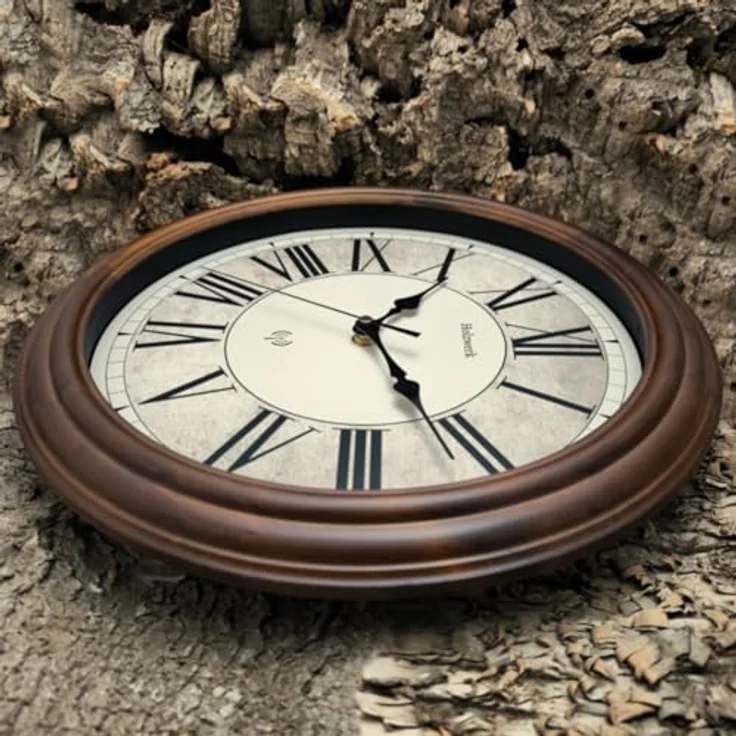 Holzwerk Funkwanduhr Vintage Retro, Braun, 35 cm, nahezu lautloses Uhrwerk, analog, mit mineralglasgeschütztem Zifferblatt in Beige/Schwarz – Bild 6