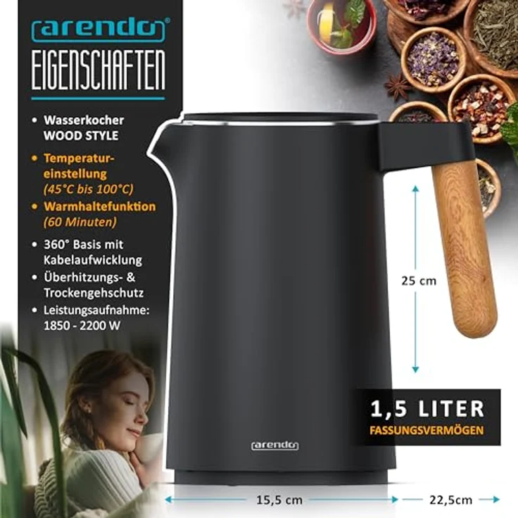 Arendo Wasserkocher Edelstahl mit Temperatureinstellung 45°C-100°C, 1.5 Liter, Doppelwand, BPA-frei, Warmhaltefunktion, Teekocher mit Temperaturanzeige, Griff Cool Touch, Schwarz – Bild 2