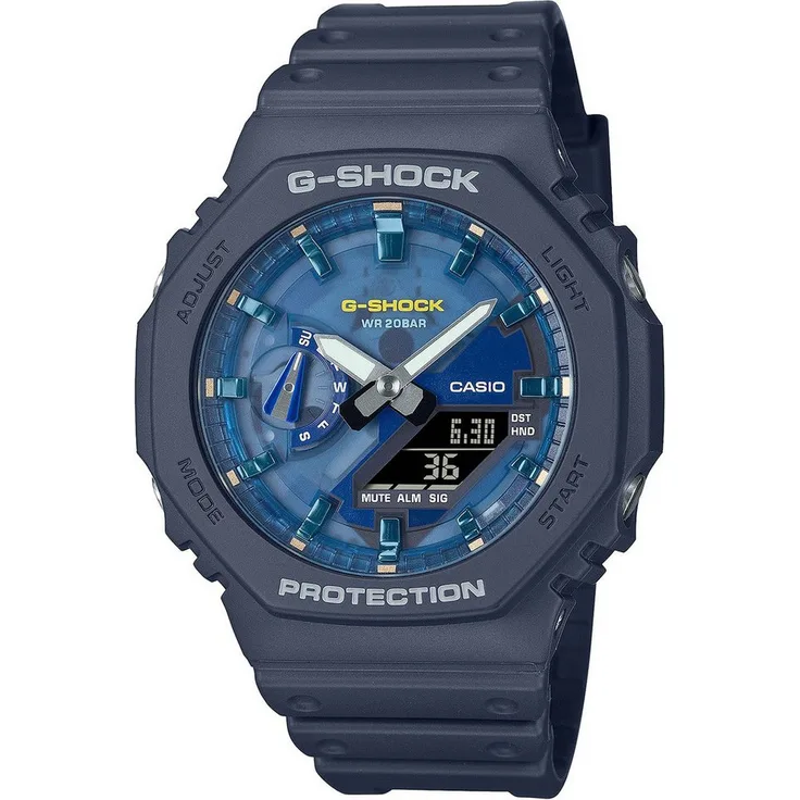 CASIO G-Shock GA-2100AS-2AER, Quarzuhr 45mm, analog-digital, blau, 20 ATM, Batteriebetrieb, Alarm, Stoppfunktion, mattes Karbongehäuse