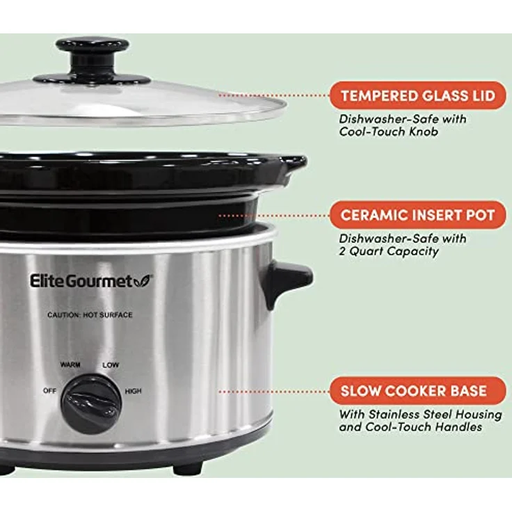 Elite Gourmet MST-275XS Elektrischer ovaler Schongarer, einstellbare Temperatur, Vorspeisen, Saucen, Eintöpfe und Dips, spülmaschinenfester Glasdeckel und Topf (2 Quart, Edelstahl) – Bild 3