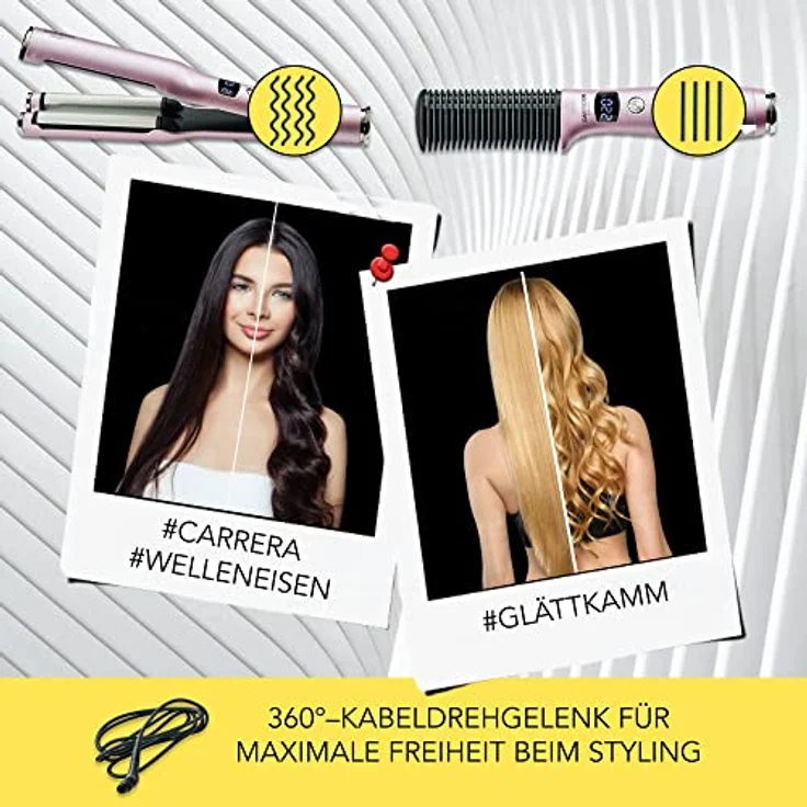 Carrera Set Glättbürste und Welleneisen – Neuheit: Kabel abnehmbar, Haarglätter Bürste, Keramikbeschichtung, Kreppeisen, Temperatur einstellbar, für Beach-Waves, Hause & Reisen - Flieder – Bild 3