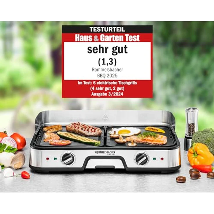 Rommelsbacher Tischgrill BBQ 2025, 2 Wende-Grillplatten (geriffelt und glatt), PFAS-freie keramische Antihaftbeschichtung, bis 230 °C, 2 m Kabel, 2000 W - Preisvergleich – Bild 2