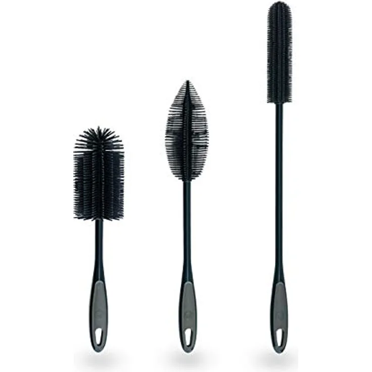 Kochblume Silikonbürsten 3er Set mit Wechselköpfen | Flaschenbürste, Spülbürste, Antibakteriell, Keimfrei (anthrazit)