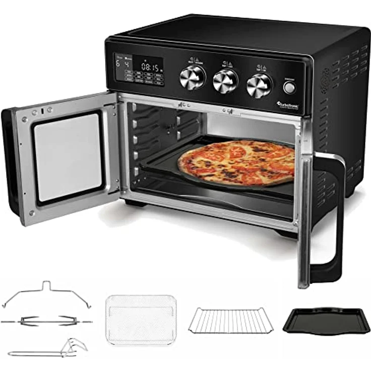 TurboTronic Mini Backofen - 4in1 Heißluftofen und Heißluftfritteuse XXL Version 32L inkl. Drehspieß & viel Zubehör Backblech, Dörrgerät ab 25°C & Grill, Airfryer (schwarz) – Bild 4