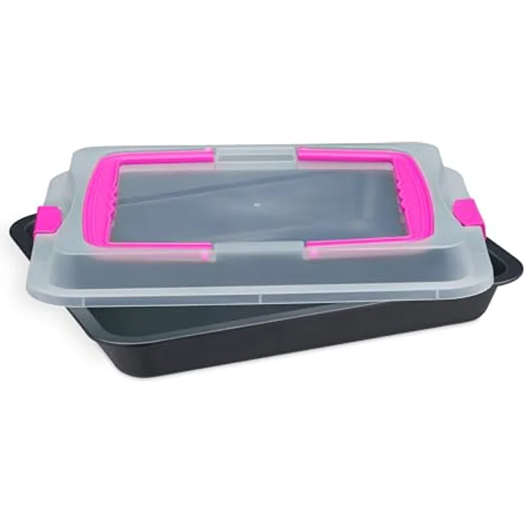 relaxdays Backblech mit Deckel, rechteckige Kuchenform aus Carbon-Stahl, Pink, antihaftbeschichtet, mit 2 Tragegriffen und Verschlussclips – Bild 7