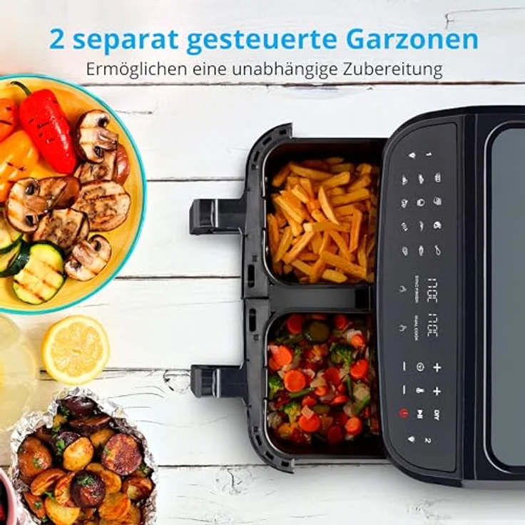 MEDION P20 XXL Heißluftfritteuse mit 2 Kammern (8,7 Liter, 2.600 Watt, Doppelkammer, 9 Automatikprogramme, 2 Schubladen, Sichtfenster, Dualer Airfryer, Dual Cook & Sync-Finish Funktion) – Bild 2
