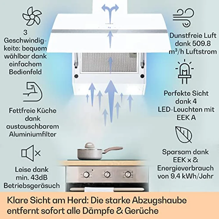 Klarstein 10040143 Kopffreihaube, Clara 90 Dunstabzugshaube Glas 509 m³/h Touch Ambiente-Licht, weiß – Bild 3