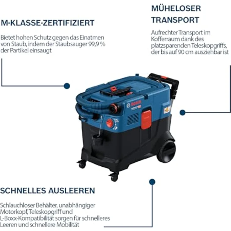BOSCH Bodenstaubsauger GAS 12-40 MA, Mit Filterbeutel, hoher Schutz gegen Staub, automatische Filterreinigungstechnologie, einfache Staubentsorgung, kompakte Aufbewahrung, Teleskopgriff, L-BOXX-Kompatibilität, schwarz – Bild 3