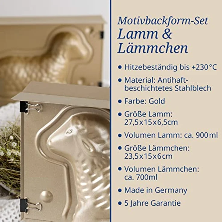 Dr. Oetker Osterbackformen-Set Goldiges Ostern, 2er Set mit Lamm- und Mini-Lammform aus Stahlblech, Antihaftbeschichtung, hitzebeständig bis 230 °C, Farbe: Gold – Bild 3