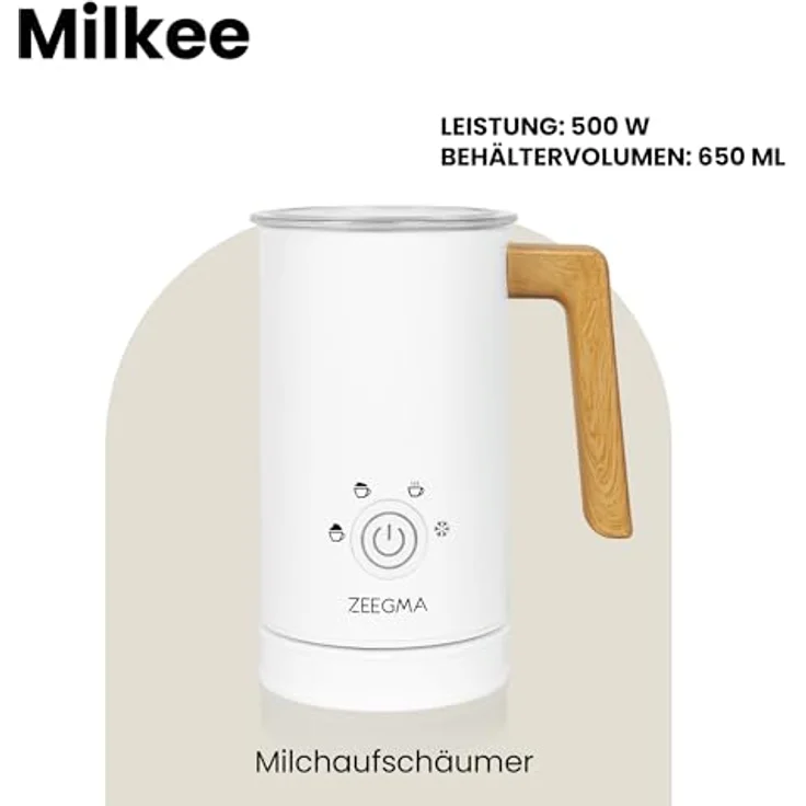 ZEEGMA MILKEE Milchaufschäumer, 500 W Leistung, 650 ml Kapazität, Touch-Bedienfeld, Antihaftbeschichtung, für kalte und warme Milch, elegantes Design mit Holzgriff – Bild 2