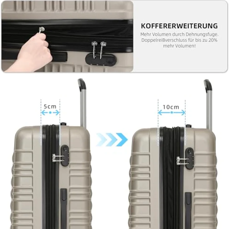 BEIBYE Hartschalen Koffer Trolley Kofferset, 3-teilig mit Zwillingsrollen, Champagner, erweiterbar, inkl. integriertes Zahlenschloss – Bild 5