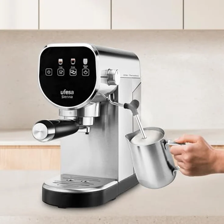 Ufesa Sienna, Siebträgermaschine mit 20 Bar Druck, 1360 Watt, Silber und Schwarz, inkl. digitalem Touch-Panel und abnehmbaren Wassertank – Bild 4