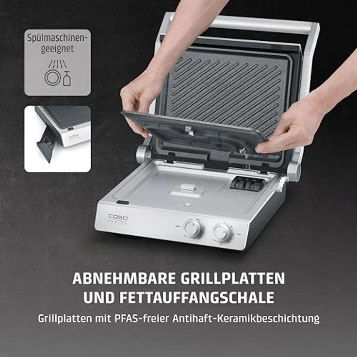 Caso SteakChef, Doppel-Kontaktgrill aus Edelstahl mit Antihaftbeschichtung, 2000 Watt, Temperatur 100-220°C, als Tischgrill nutzbar, große Grillfläche von 1440 cm², abnehmbare und spülmaschinengeeignete Platten – Bild 4
