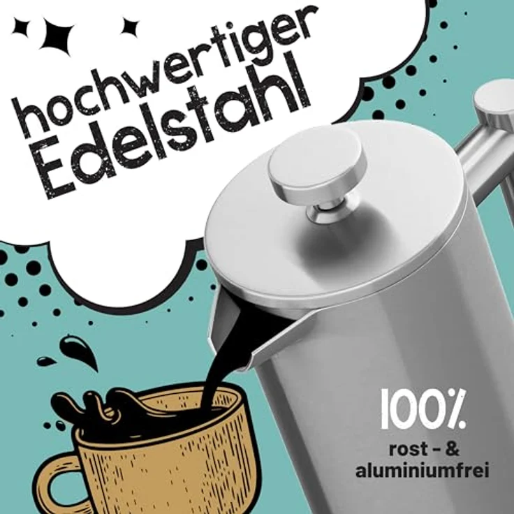 Morgenheld Premium Thermo Edelstahl French Press 600 ml, doppelwandige Kaffeepresse mit 3 Ersatzfiltern, rost- und aluminiumfrei, manuelle Kaffeezubereitung – Bild 3