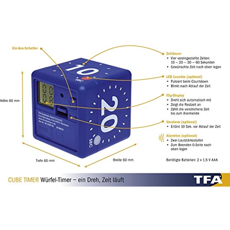 TFA Dostmann Digitaler Cube Timer 38.2036, multifunktionaler Kurzzeitmesser mit 4 Ablaufzeiten, optischem und akustischem Signal, L 60 x B 60 x H 60 mm – Bild 2