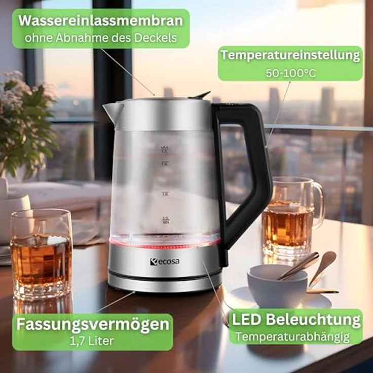 Ecosa EO-660 Glas-Wasserkocher, 2200W, 1,7L, Wasserstandsanzeige, Überhitzungsschutz – Bild 7