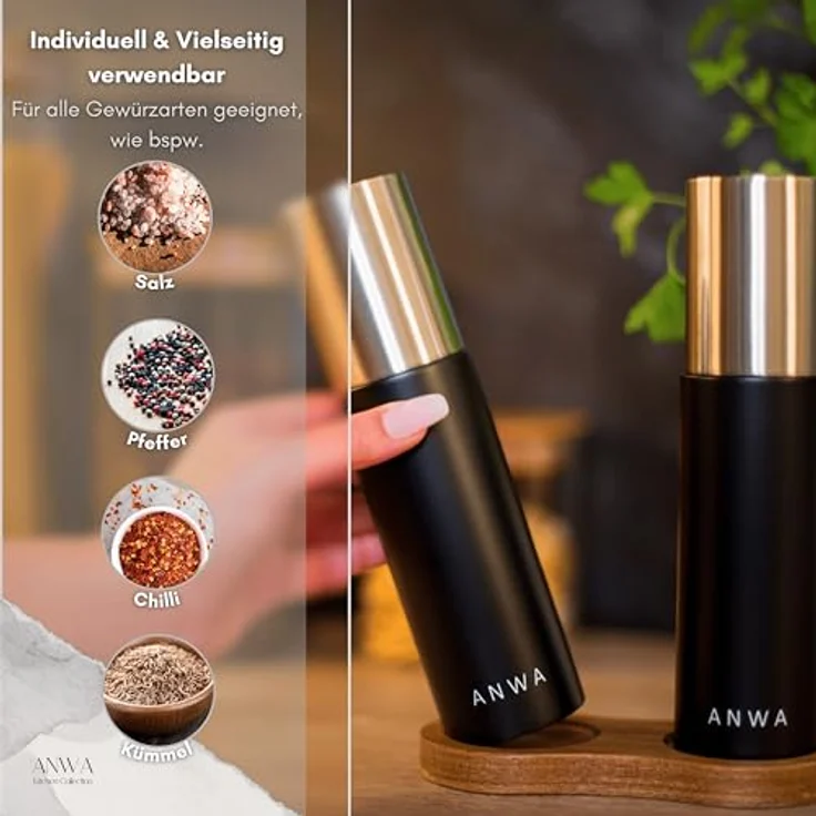 ANWA Salz-/Pfeffermühle Set, Gewürzmühlen aus Akazienholz mit Keramik Mahlwerk, manuell, 20,5 cm, FSC-zertifiziert, inklusive Untersetzer und Löffel, modern schwarz – Bild 5