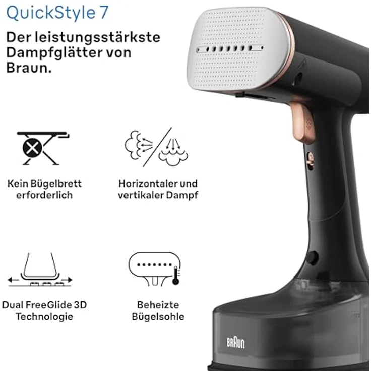 Braun QuickStyle 7 GS7077BK Dampfglätter, Dual FreeGlide 3D Technologie, FastSteam Technologie, Steamer, Dampf 35 g/min, Wassertank 250 ml, 3 m Kabellänge, 1600W, Schwarz/Kupfer – Bild 2