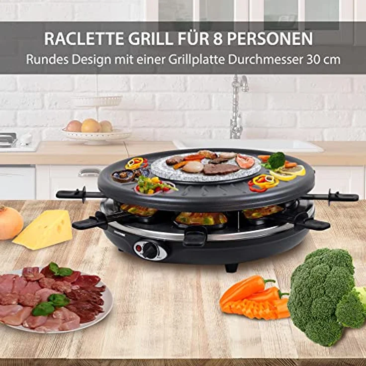 Syntrox Germany RAC-1350W-Waadt 4 in 1 Raclette Grill Fondue Heißer Stein für 8 Personen, Edelstahl Design – Bild 2