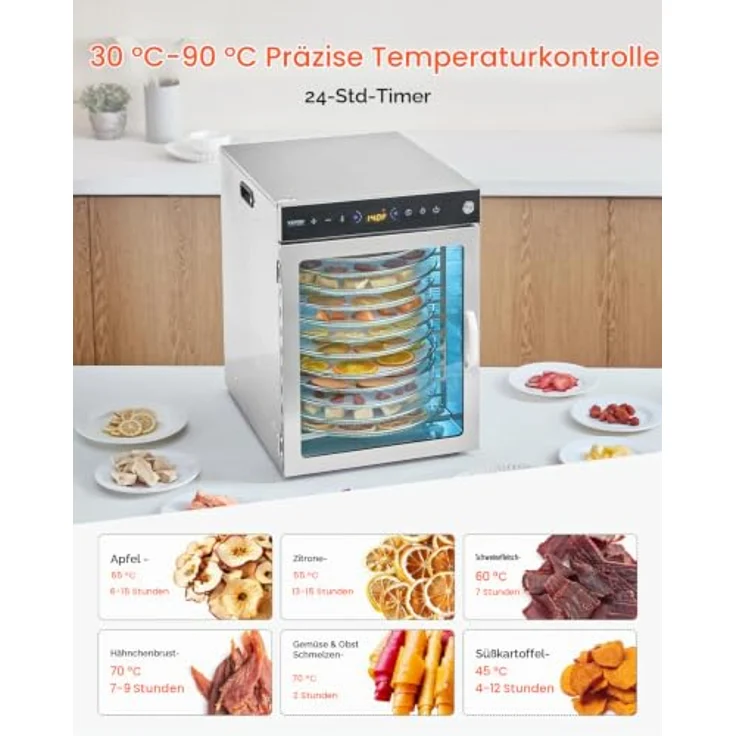 VEVOR Dörrgerät Dörrautomat 12 Edelstahlschalen, 800 W mit einstellbarer Temperatur und 24-Stunden-Timer für Trockenfleisch, Obst, Gemüse und Kräuter – Bild 5