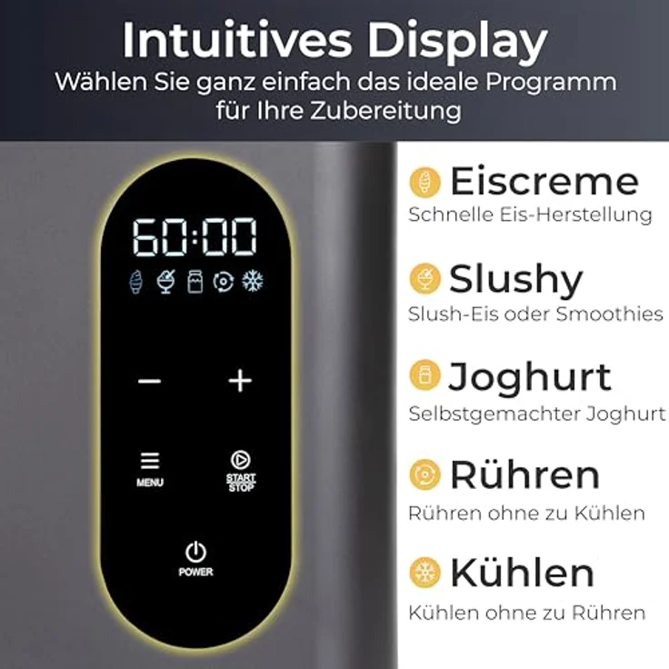 KLAMER 3-in-1 Eismaschine, Slush Maschine & Joghurtbereiter, 1,5 L, 150 W Edelstahl mit Kühl- & Heizfunktion, selbstkühlender Kompressor für Sorbet, Slush und Frozen Yoghurt – Bild 3