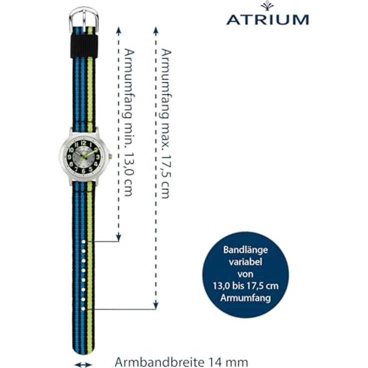 Atrium Kinderuhr, Lernuhr mit gestreiftem Textilband, 3 bar Wasserdichtigkeit – Bild 2
