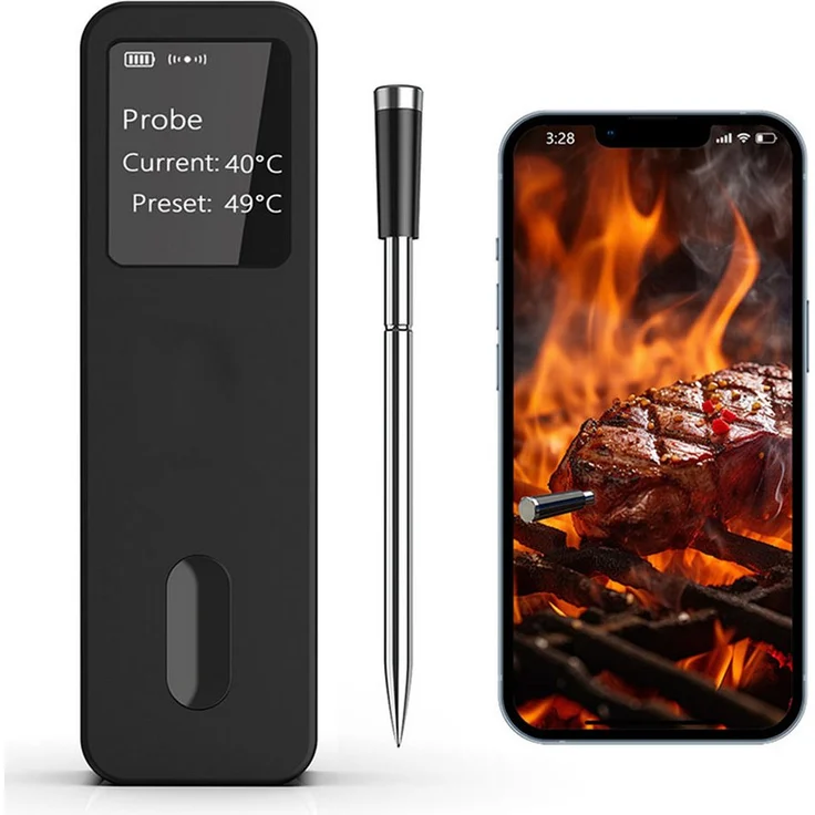 TUWENA Bratenthermometer Fleischthermometer mit intelligenter Basisstation, kabelloser Sonde, Bluetooth, LCD-HD-Bildschirm, 1-tlg.