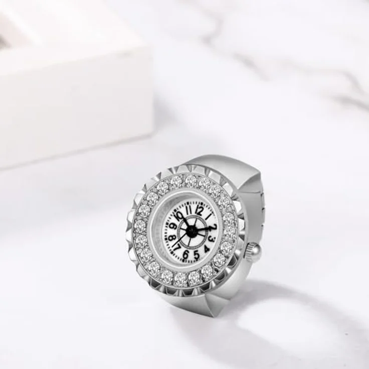 JewelryWe Ringuhr, Damen Fingeruhr mit Silber Legierung, Elastisches Band und Glitzer Strass, Rund Analog Quarz, 10m wasserdicht – Bild 2