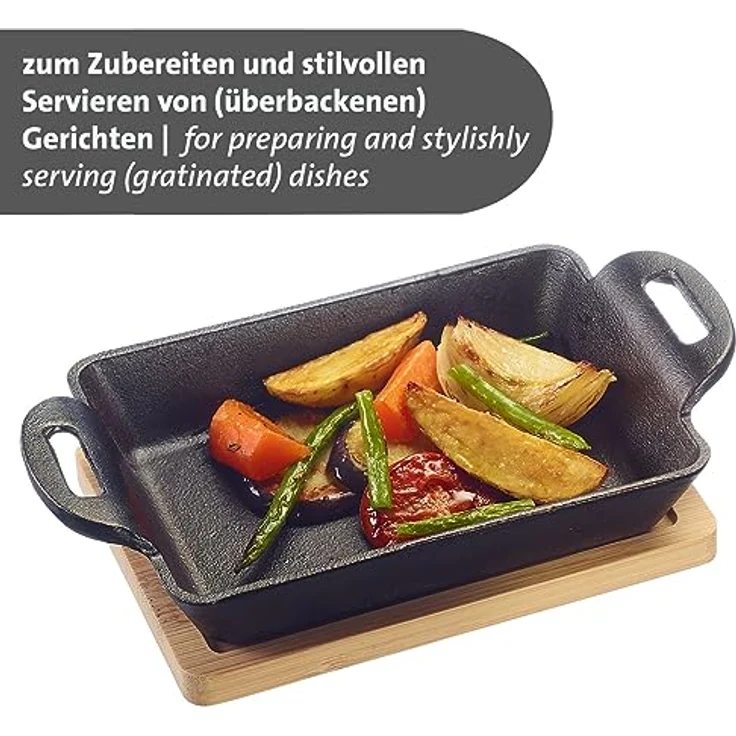 Westmark Gusseiserne Schale Tapas + Friends – kleine Gusseisen-Auflaufform, für alle Herdarten geeignet, auch Induktion und Grill, inkl. Bambus-Untersetzer – Eisen, 300 ml – Bild 3