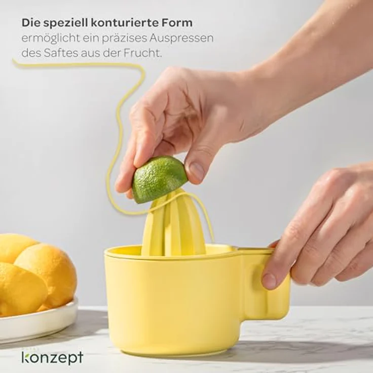KONZEPT Zitronenpresse, Manuelle Saftpresse aus BPA-freiem Kunststoff, 500 ml Behälter mit Ausguss, für Zitronen, Orangen, Limetten, Gelb – Bild 5