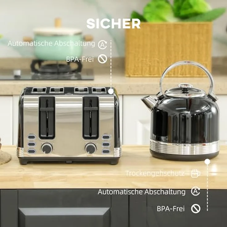 HOMCOM Toaster-Set mit Wasserkocher, 2200 W, 1.7 L, 7 Bräunungsstufen, Strix-Thermostat, Schwarz mit Edelstahlakzenten – Bild 6