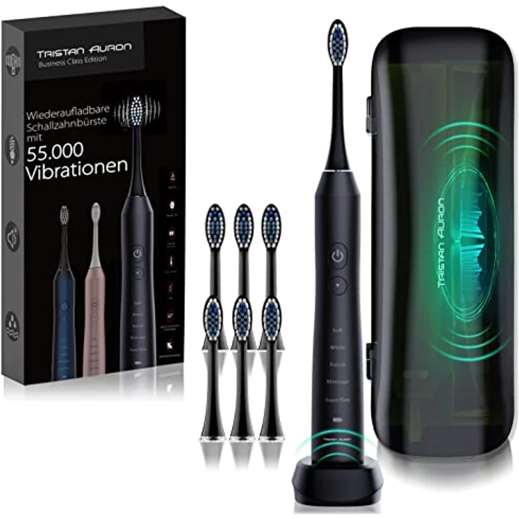 Tristan Auron Schallzahnbürste Business Class - 55.000 Schwingungen - 5 Modi - 60 Tage Akku + inkl. UV-Desinfektionsbox (Etui) + 6 Aufsätze - (Schwarz) – Bild 1