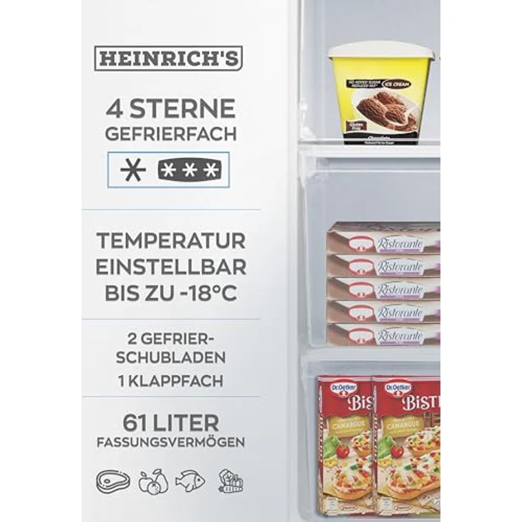 Heinrich's HGS 4090 Gefrierschrank, 61 Liter, -18°C, 3 Gefrierschubladen, 7-stufiger Temperaturregler, wechselbarer Türanschlag, weiß – Bild 5