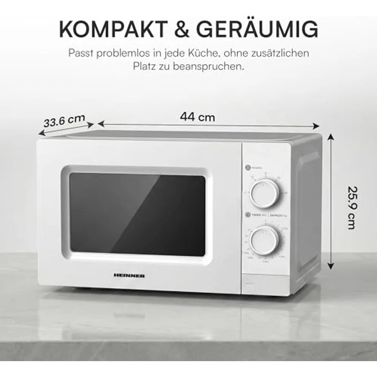 Heinner HMW-MD20MWH Mikrowelle 20 L, 700 W mit Mechanischer Steuerung, Timer und Auftaufunktion, Weiß – Bild 5