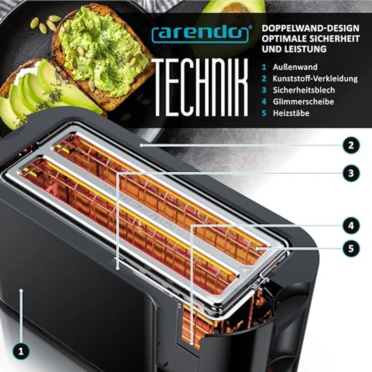 Arendo Edelstahl Toaster Langschlitz 4 Scheiben, Touchscreen, Doppelwandgehäuse, 7 Bräunungsgrade, Memoryfunktion, Klavierlack Schwarz – Bild 5