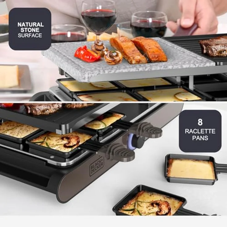 Black+Decker Raclette-Grill für 8 Personen, 1400 W, 21 x 21 cm Platten, umkehrbare und antihaftbeschichtete Platte, Naturstein, Zubehör inklusive, PFOA-frei – Bild 5