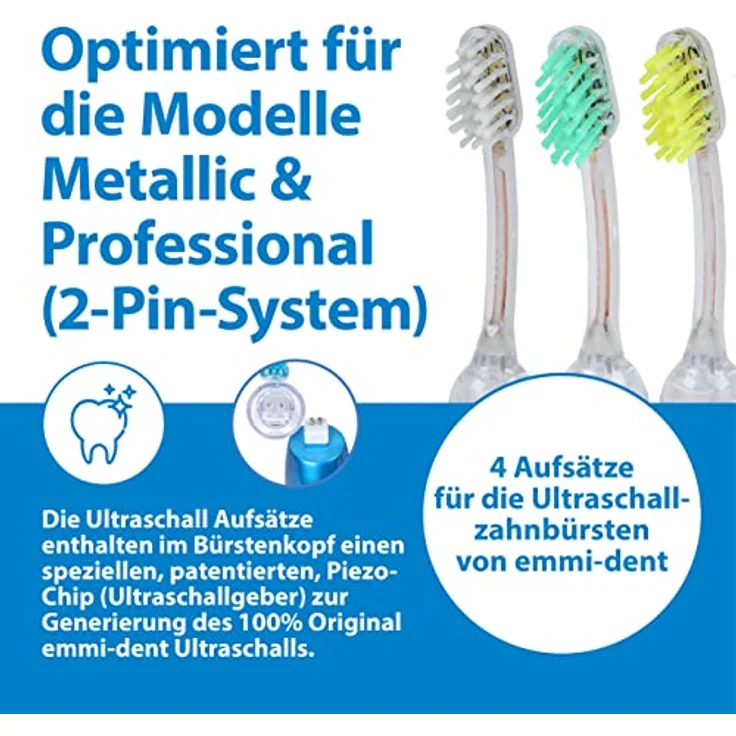 emmi-dent 4x Zahnbürstenaufsatz E4 (1x Blau+1x Türkis+1x Gelb+1x Weiß) I Standardform (ausgewogener Härtegrad, gerade Borsten) für emmi-dent Ultraschallzahnbürsten der Metallic- & Professional-Serie – Bild 3