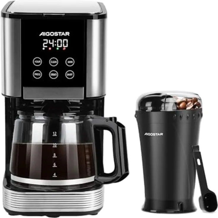 Aigostar Kaffeemaschine mit Mahlwerk und 60g elektrischer Kaffeemühle, programmierbar 24h, 1,5L, 1000W, Tropf-Stopp, AutoClean, Warmhaltefunktion