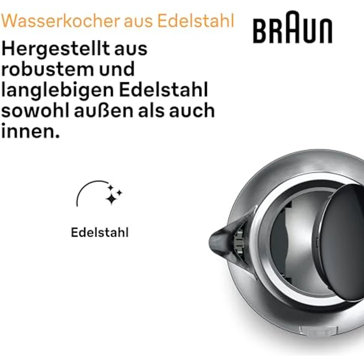 Braun WK1500BK Wasserkocher, 2200 Watt, 1,7 Liter, Temperaturanzeige, Abschaltautomatik, silber, schwarz – Bild 2
