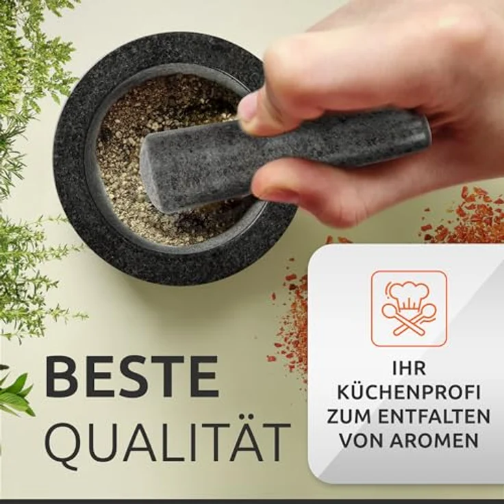 ECENCE Granitmörser mit Stößel aus Akazienholz Ø11cm, Küchenmörser für optimales Mahl-Ergebnis, naturbelassenes Design – Bild 6
