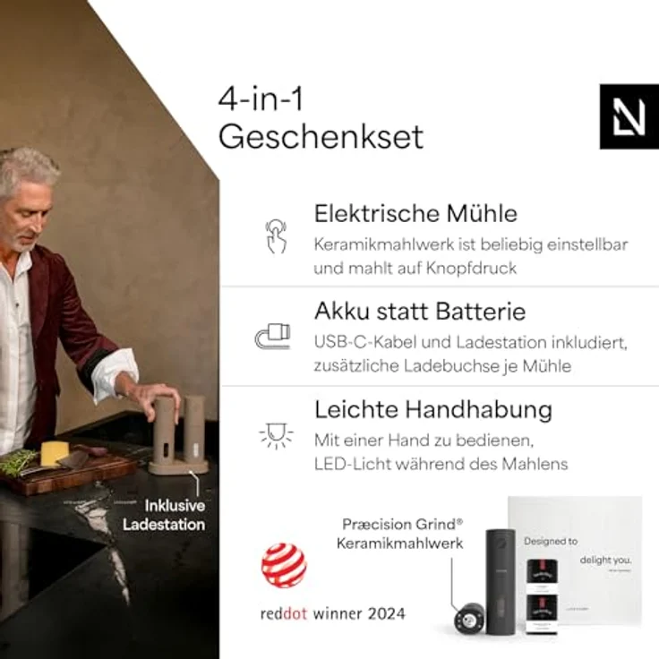 LARS NYSØM Gewürzmühle Spænding, elektrisches Salz- und Pfeffermühlenset mit Einhandbedienung, 2er Pack – Bild 3