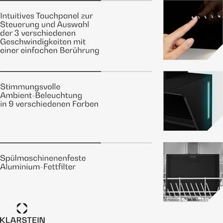 Klarstein Alina Dunstabzugshaube, EEK A, 600 m³/h, Touch LED-Beleuchtung, Abluft/Umluft, Schwarz – Bild 6