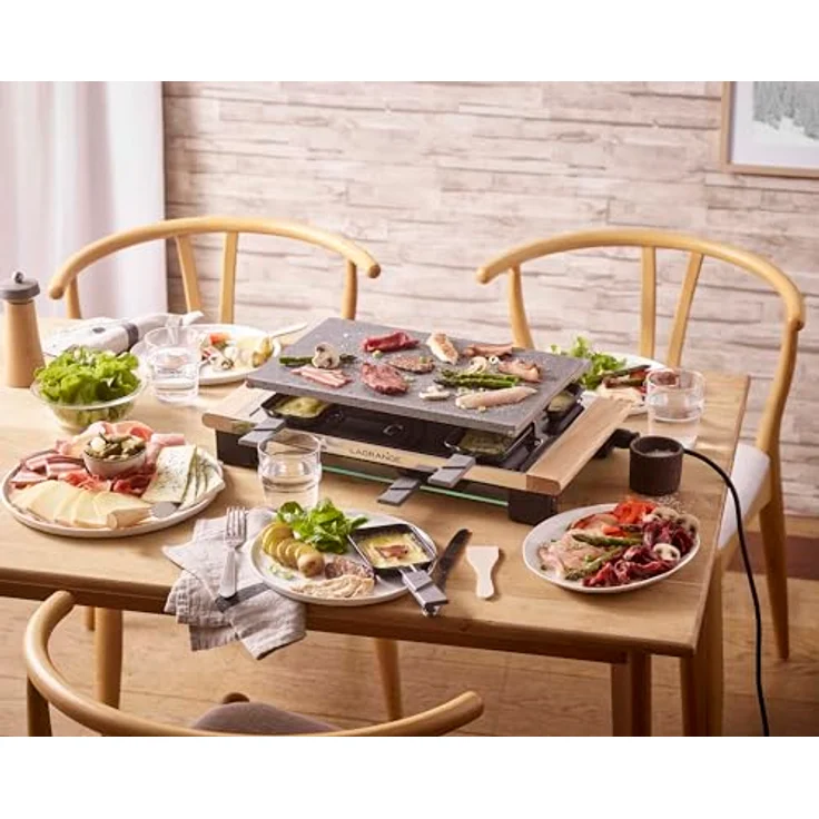LAGRANGE Raclette Pierre Elégance für 8 Personen, Multifunktional mit Edelstahlplatte und Holzgriffen, inklusive Pfännchenablage aus Glas – Bild 2