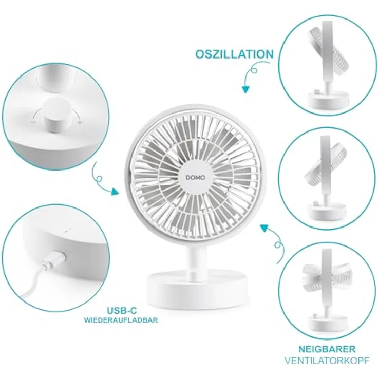 Domo Mini Camping Ventilator, tragbarer Akku-USB Ventilator, leise, oszillierend, 10 Geschwindigkeiten, 8 Stunden Akkulaufzeit, abnehmbares Schutzgitter – Bild 4