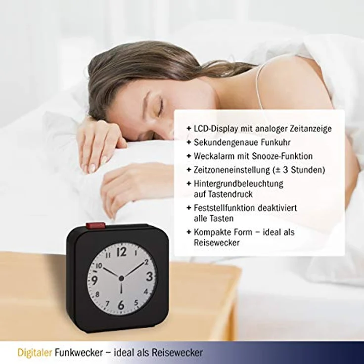 TFA Dostmann Funk-Wecker 60.2555.01, LCD Display mit analoger Zeitanzeige, schwarz/rot, ideal als Reisewecker mit Snooze-Funktion und Feststelltaste – Bild 4